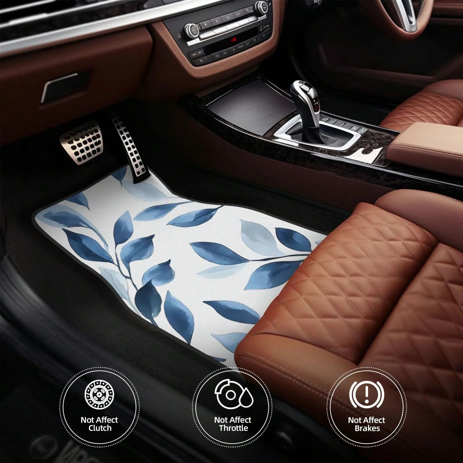 Blue Leaf Boho Floral Navy White 4-Piece Set Of Car Floor Mats,Suitable For Carpets Of Various Vehicle Models,Auto Accessories For Truck Sedan