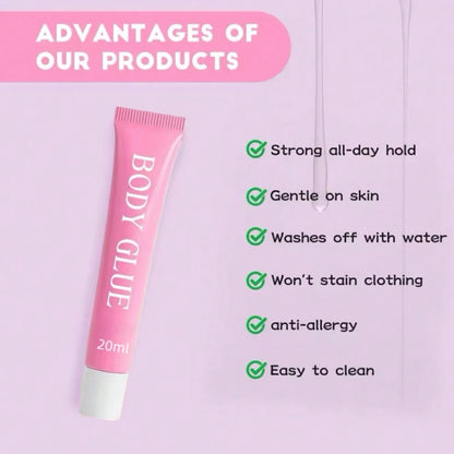 BODY GLUE Body Adhesive- Sweat & Water Resistant, Stain-Free, Easy To Remove With Soap And Water, Perfect For Confidence And Security In Outfits
