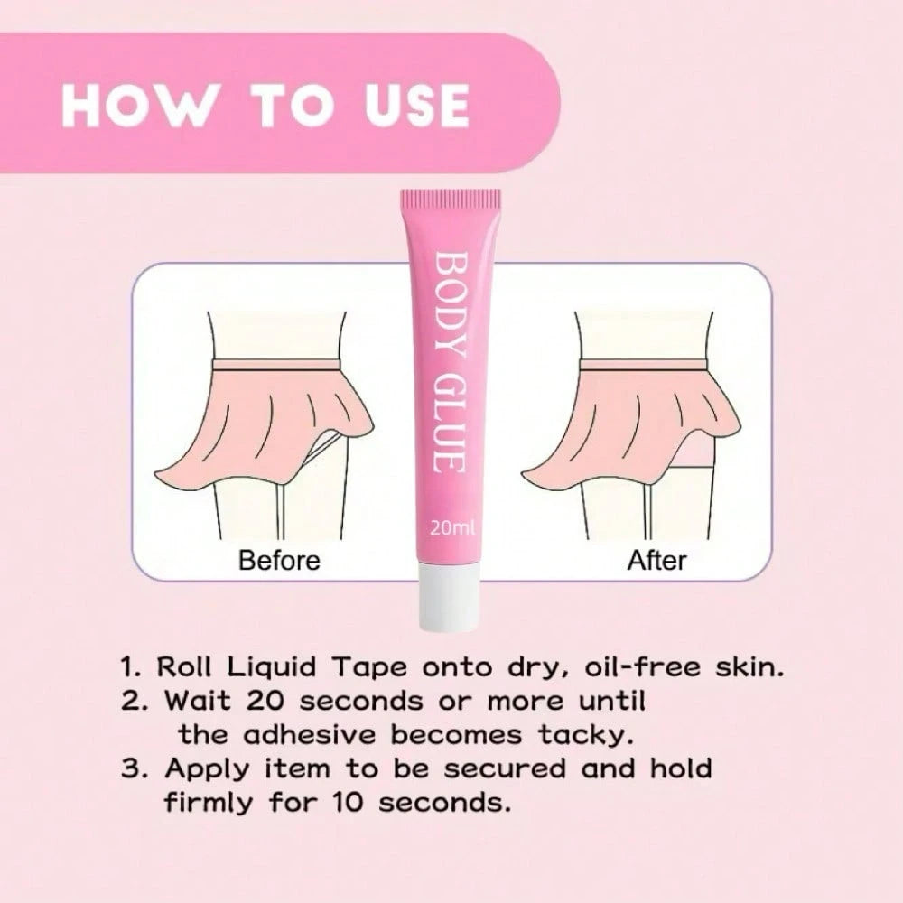 BODY GLUE Body Adhesive- Sweat & Water Resistant, Stain-Free, Easy To Remove With Soap And Water, Perfect For Confidence And Security In Outfits
