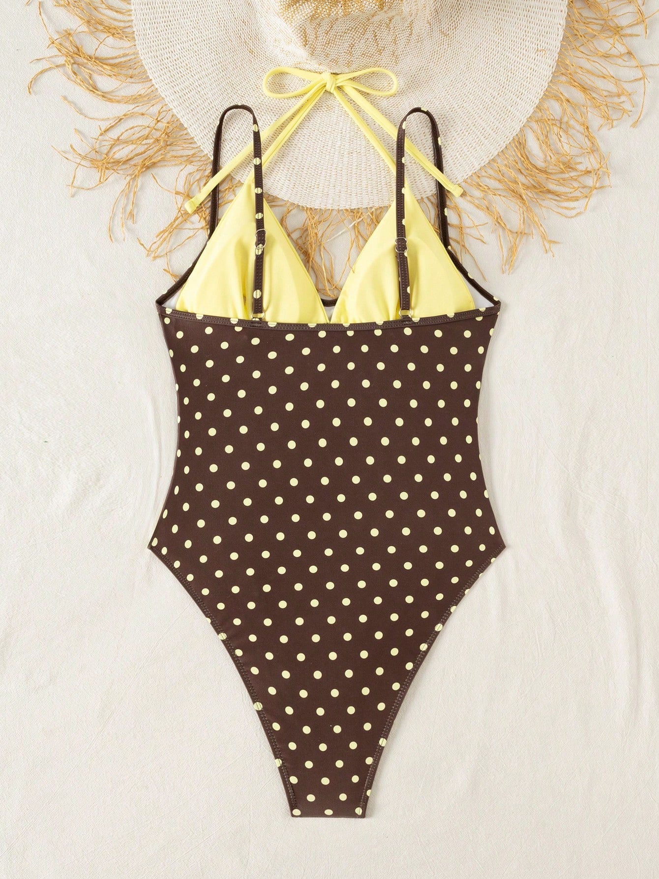 Bonvoyette Women's One-Piece Swimsuit Brown And Yellow Polka Dot,Summer,80's,Holiday,Party,Holiday Wireless Elegant Knitted Fabric Beach Pool Swimwear