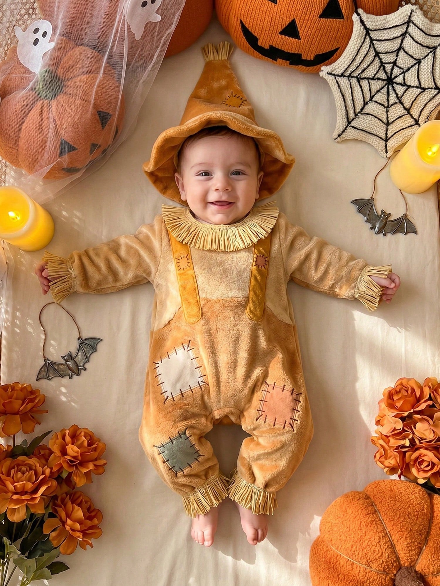 Boys Halloween Scarecrow Long Sleeve Patchwork Jumpsuit And Hat Set