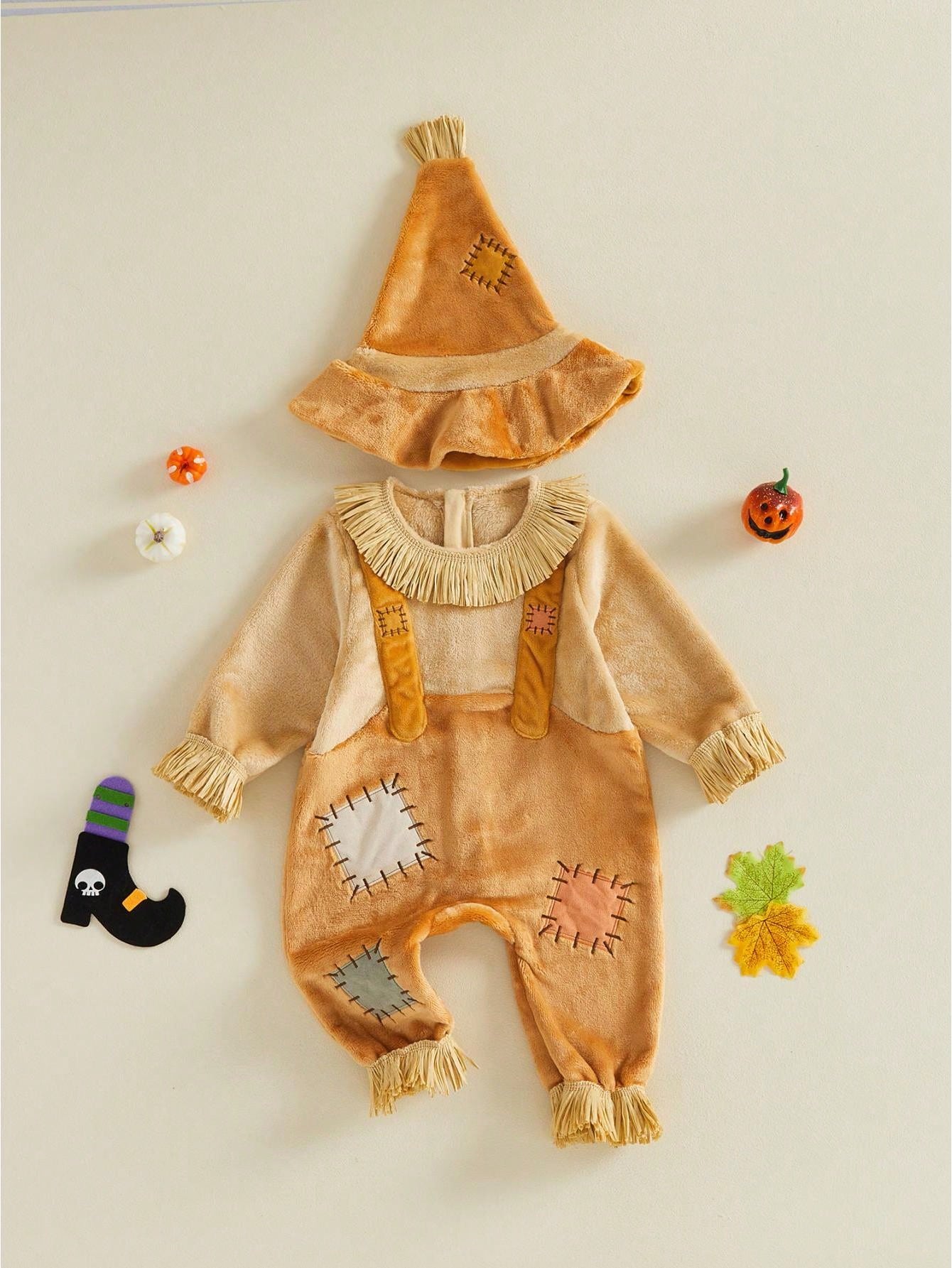 Boys Halloween Scarecrow Long Sleeve Patchwork Jumpsuit And Hat Set