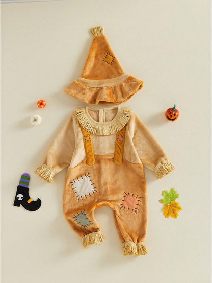 Boys Halloween Scarecrow Long Sleeve Patchwork Jumpsuit And Hat Set
