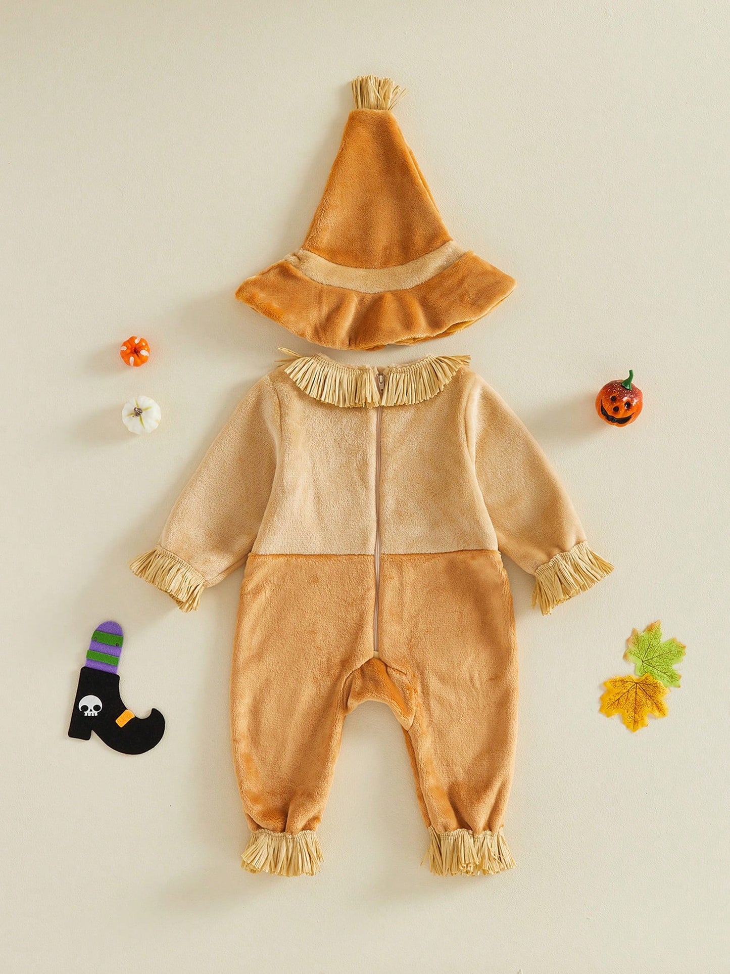 Boys Halloween Scarecrow Long Sleeve Patchwork Jumpsuit And Hat Set