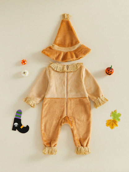 Boys Halloween Scarecrow Long Sleeve Patchwork Jumpsuit And Hat Set