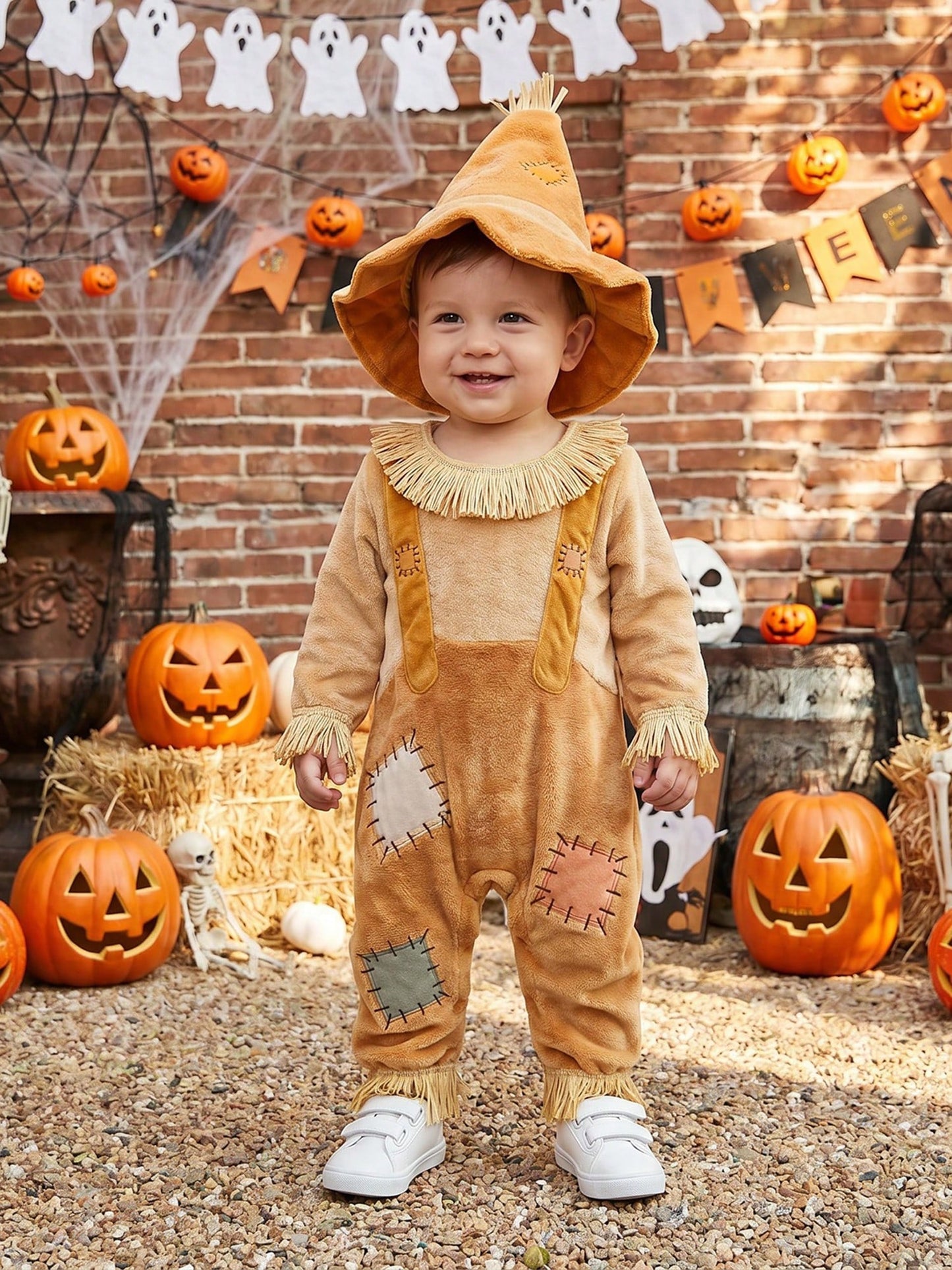 Boys Halloween Scarecrow Long Sleeve Patchwork Jumpsuit And Hat Set