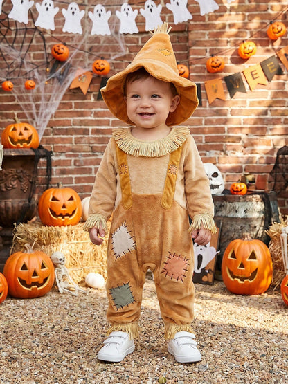Boys Halloween Scarecrow Long Sleeve Patchwork Jumpsuit And Hat Set