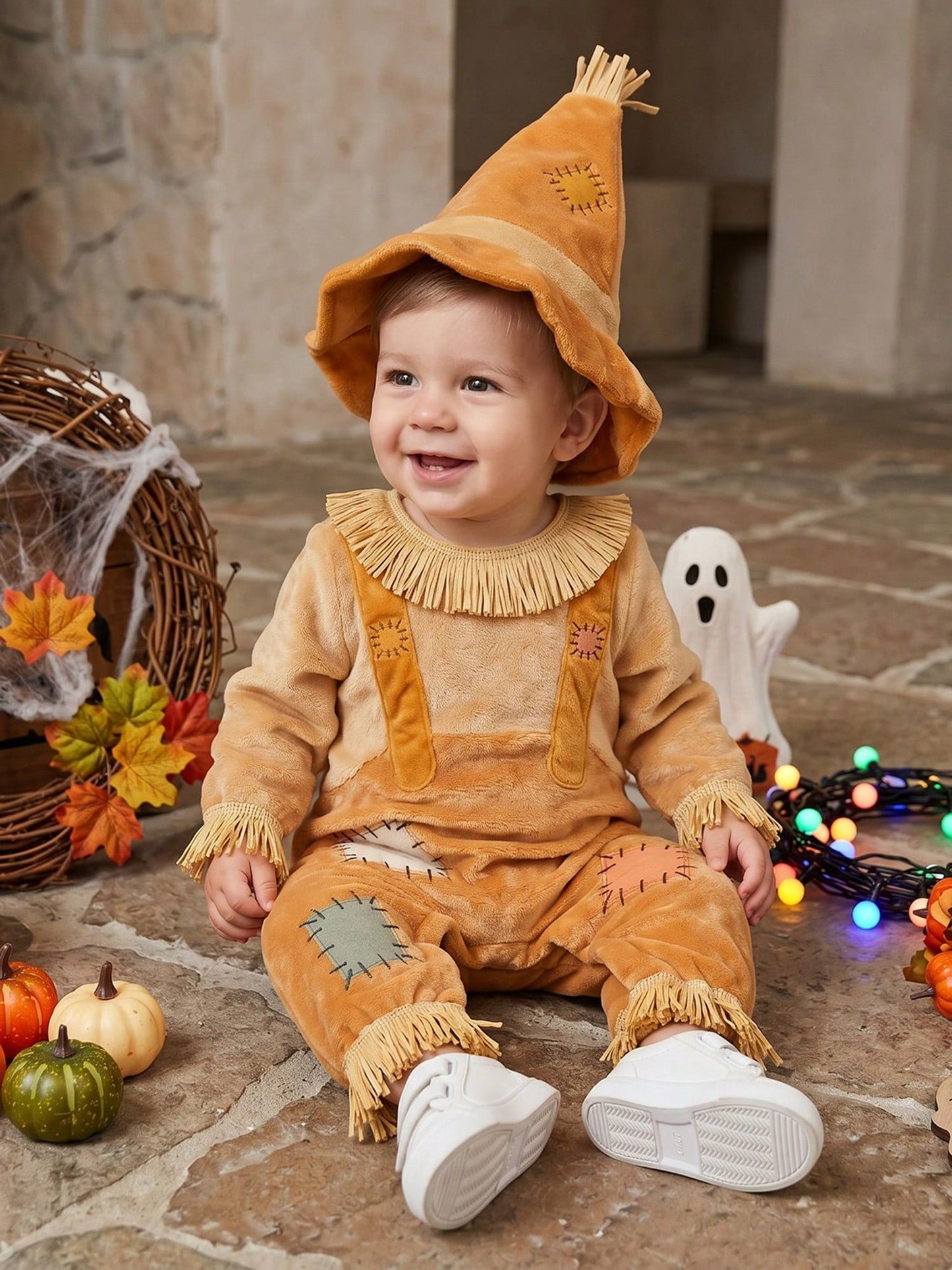 Boys Halloween Scarecrow Long Sleeve Patchwork Jumpsuit And Hat Set