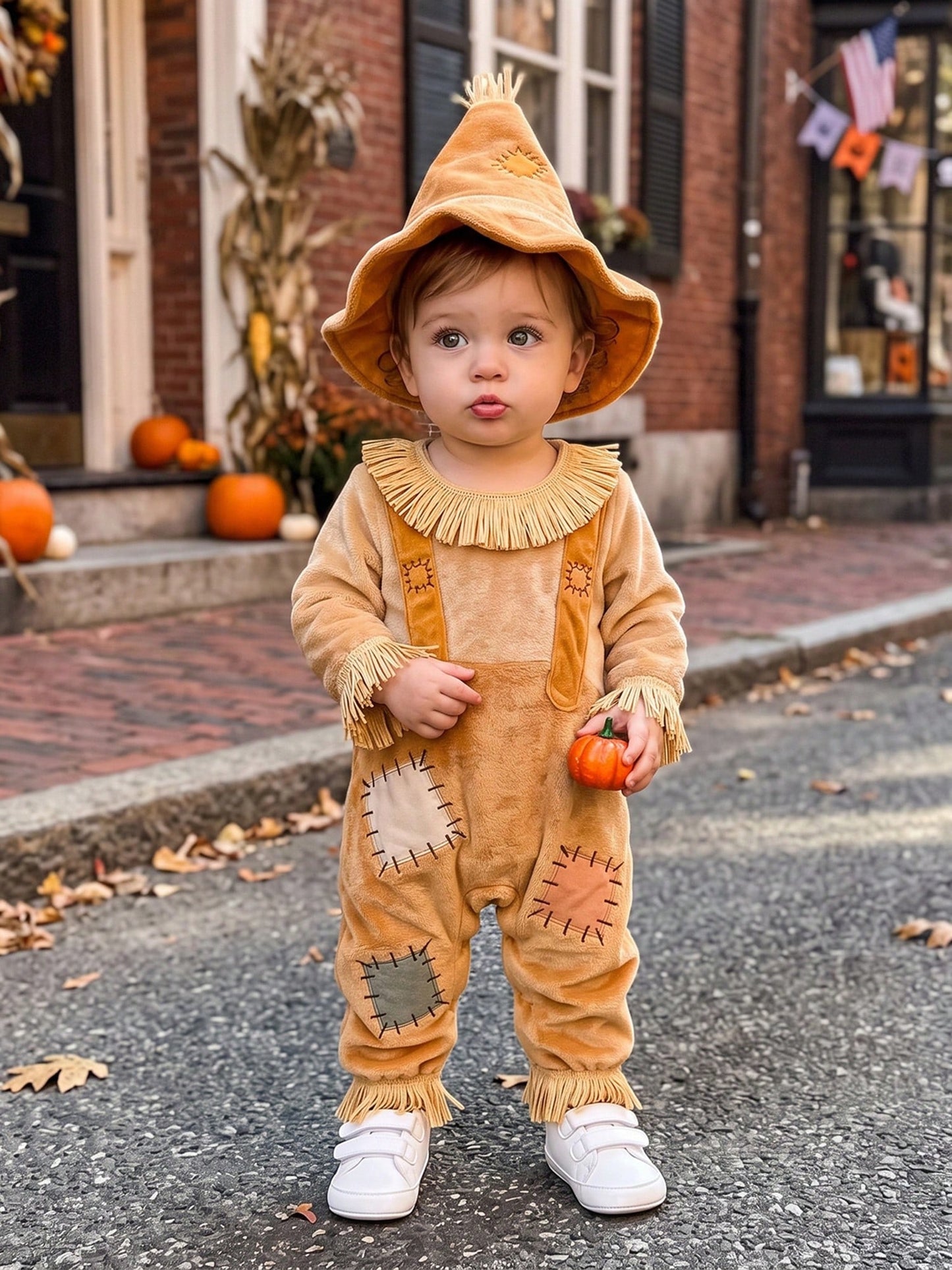 Boys Halloween Scarecrow Long Sleeve Patchwork Jumpsuit And Hat Set