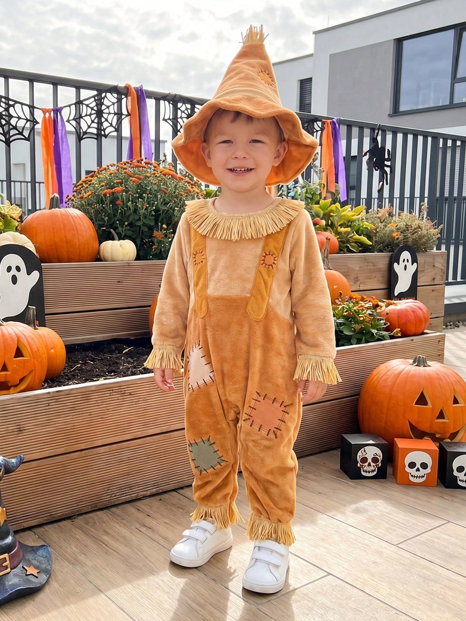 Boys Halloween Scarecrow Long Sleeve Patchwork Jumpsuit And Hat Set