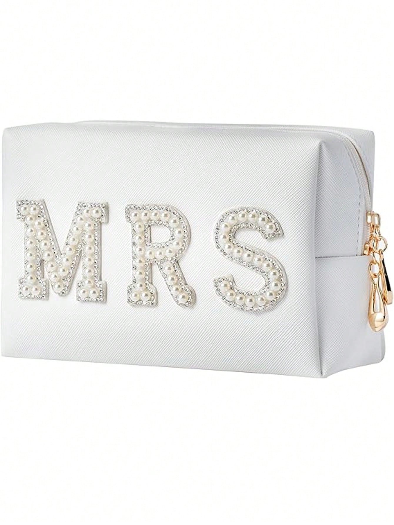 Bride Patch MRS Makeup Bag For Women Bridesmaid Engagement Gift For Her White Pearl Rhinestone Travel Toiletry Bag Make Up Bag Bridal Shower Gifts