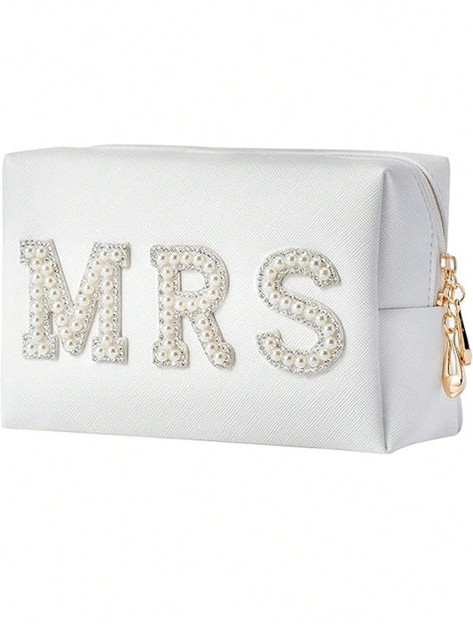 Bride Patch MRS Makeup Bag For Women Bridesmaid Engagement Gift For Her White Pearl Rhinestone Travel Toiletry Bag Make Up Bag Bridal Shower Gifts