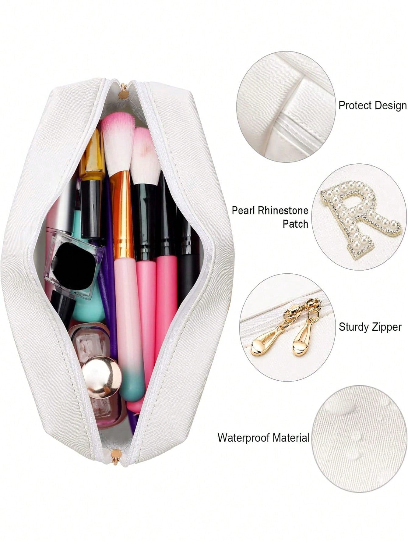 Bride Patch MRS Makeup Bag For Women Bridesmaid Engagement Gift For Her White Pearl Rhinestone Travel Toiletry Bag Make Up Bag Bridal Shower Gifts