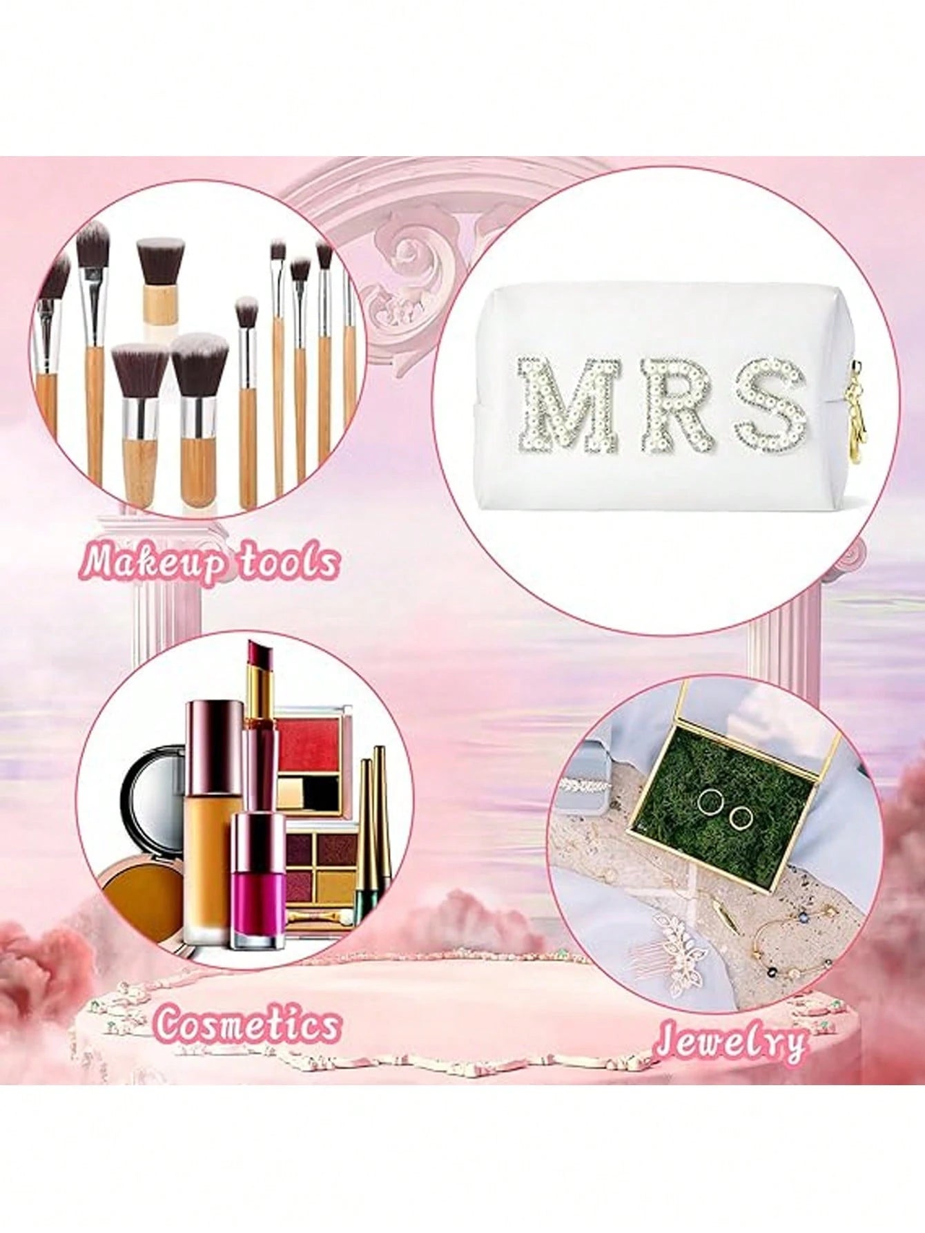 Bride Patch MRS Makeup Bag For Women Bridesmaid Engagement Gift For Her White Pearl Rhinestone Travel Toiletry Bag Make Up Bag Bridal Shower Gifts