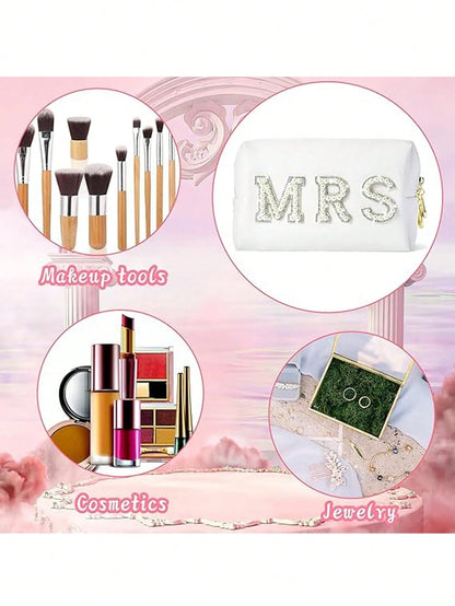 Bride Patch MRS Makeup Bag For Women Bridesmaid Engagement Gift For Her White Pearl Rhinestone Travel Toiletry Bag Make Up Bag Bridal Shower Gifts
