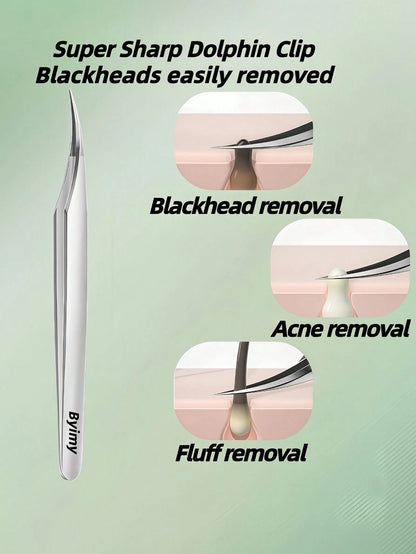 Byimy Brand High Precision Ultra-Fine Tip Tweezers, Beauty Salon Dolphin Tweezers For Blackhead, Peach Fuzz, Acne