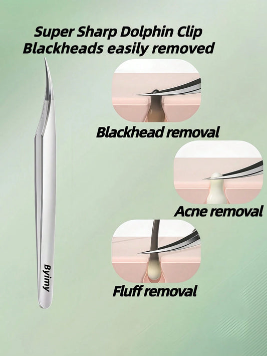 Byimy Brand High Precision Ultra-Fine Tip Tweezers, Beauty Salon Dolphin Tweezers For Blackhead, Peach Fuzz, Acne