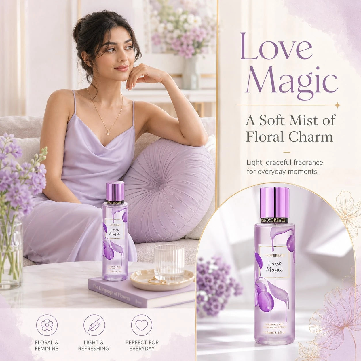 CandyBreath Candy Breath Love Magic Body Mist For Women, 250ml/8.4 Fl Oz Fine Fragrance Mist, Sweet Floral Jasmine & Vanilla Body Spray, Daily Scent For Office, Travel, After Shower, Party, Birthday &