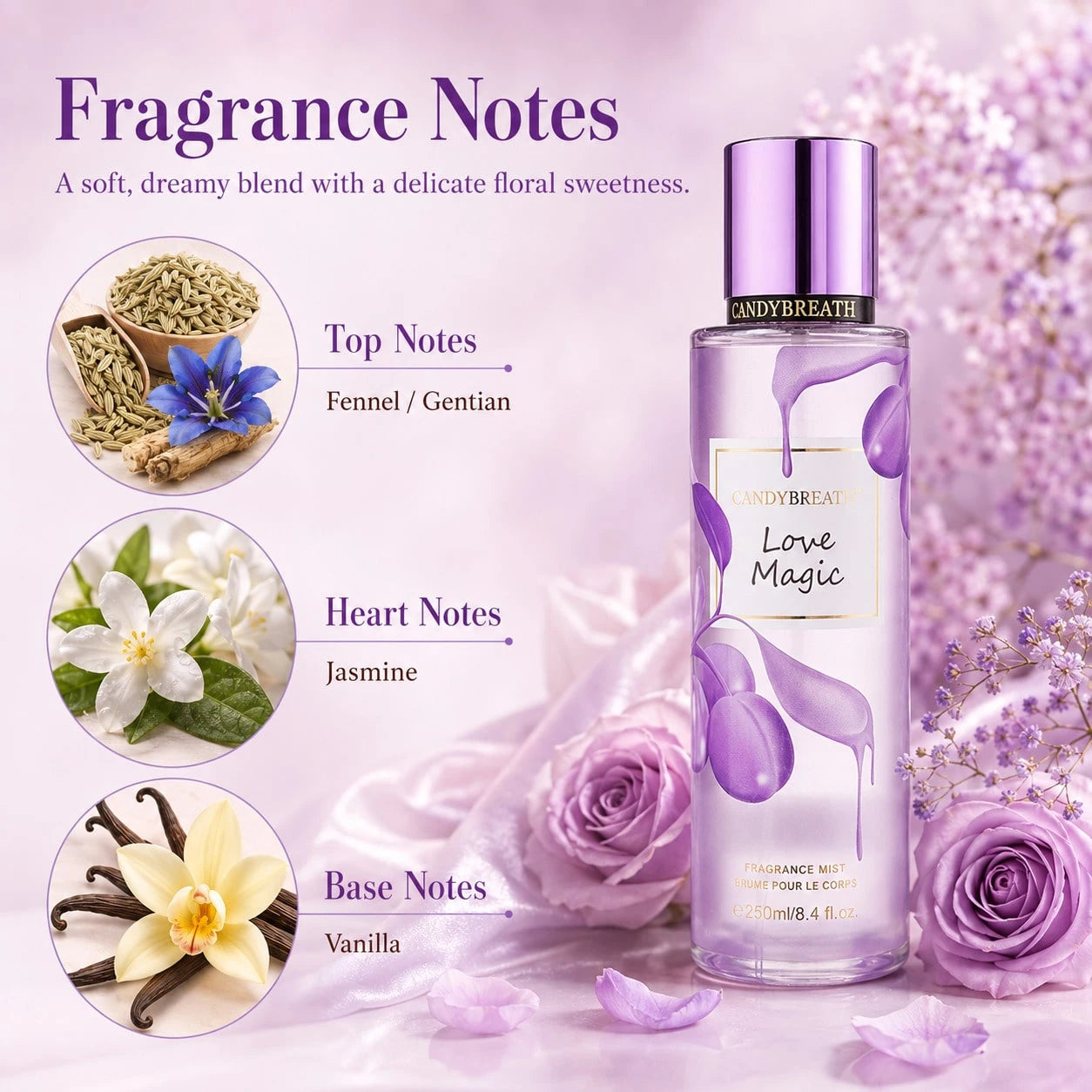 CandyBreath Candy Breath Love Magic Body Mist For Women, 250ml/8.4 Fl Oz Fine Fragrance Mist, Sweet Floral Jasmine & Vanilla Body Spray, Daily Scent For Office, Travel, After Shower, Party, Birthday &