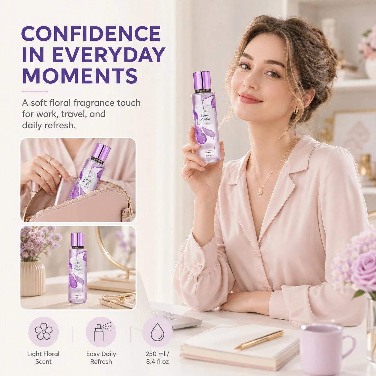 CandyBreath Candy Breath Love Magic Body Mist For Women, 250ml/8.4 Fl Oz Fine Fragrance Mist, Sweet Floral Jasmine & Vanilla Body Spray, Daily Scent For Office, Travel, After Shower, Party, Birthday &
