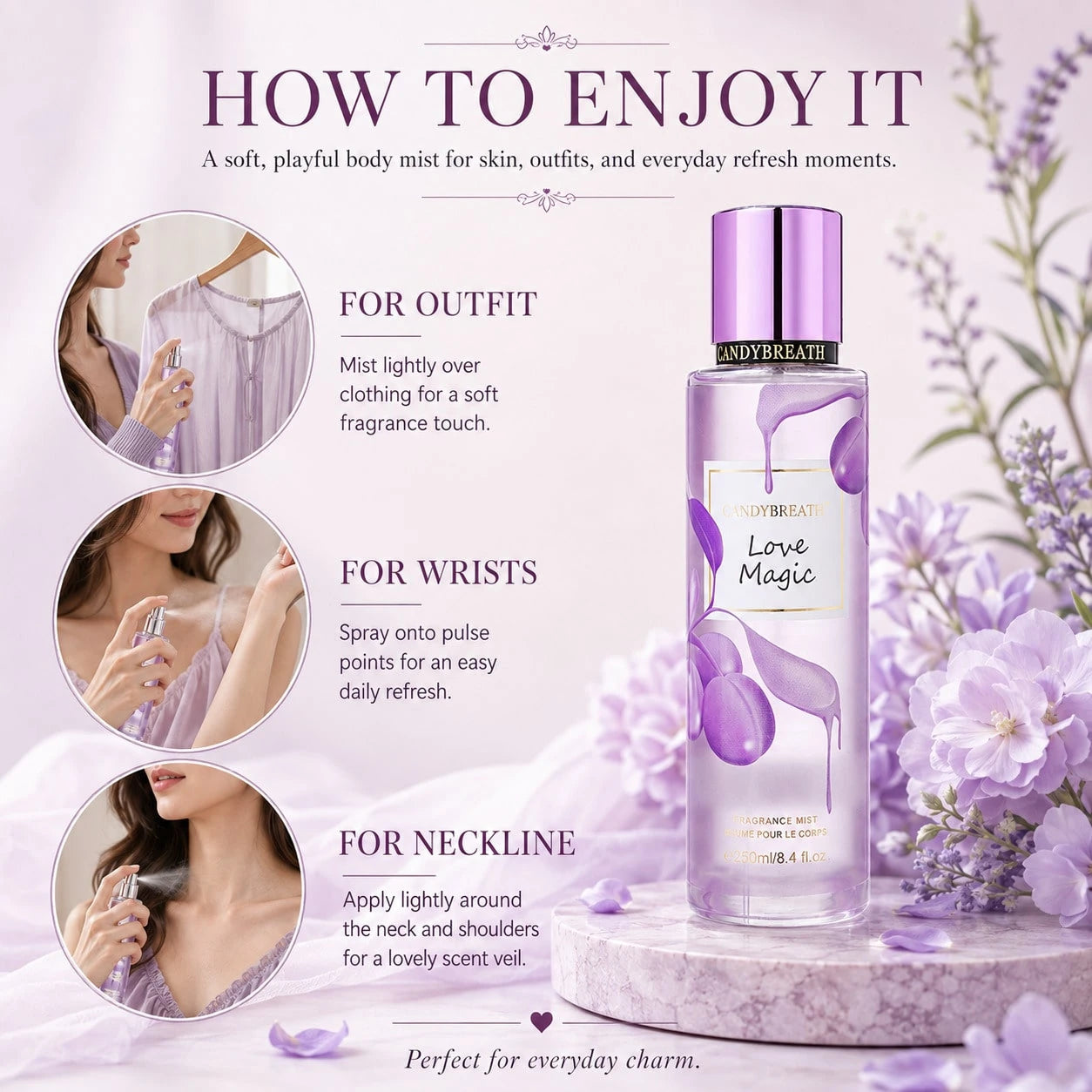 CandyBreath Candy Breath Love Magic Body Mist For Women, 250ml/8.4 Fl Oz Fine Fragrance Mist, Sweet Floral Jasmine & Vanilla Body Spray, Daily Scent For Office, Travel, After Shower, Party, Birthday &