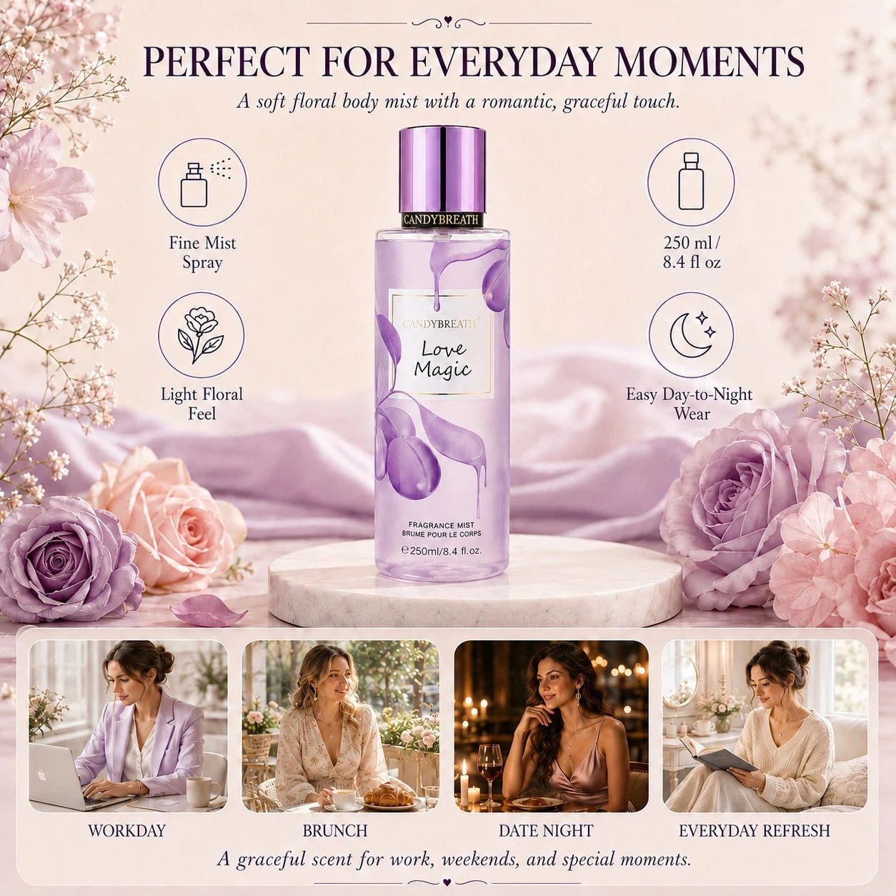 CandyBreath Candy Breath Love Magic Body Mist For Women, 250ml/8.4 Fl Oz Fine Fragrance Mist, Sweet Floral Jasmine & Vanilla Body Spray, Daily Scent For Office, Travel, After Shower, Party, Birthday &