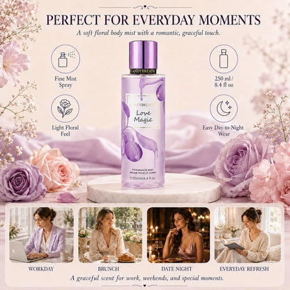 CandyBreath Candy Breath Love Magic Body Mist For Women, 250ml/8.4 Fl Oz Fine Fragrance Mist, Sweet Floral Jasmine & Vanilla Body Spray, Daily Scent For Office, Travel, After Shower, Party, Birthday &