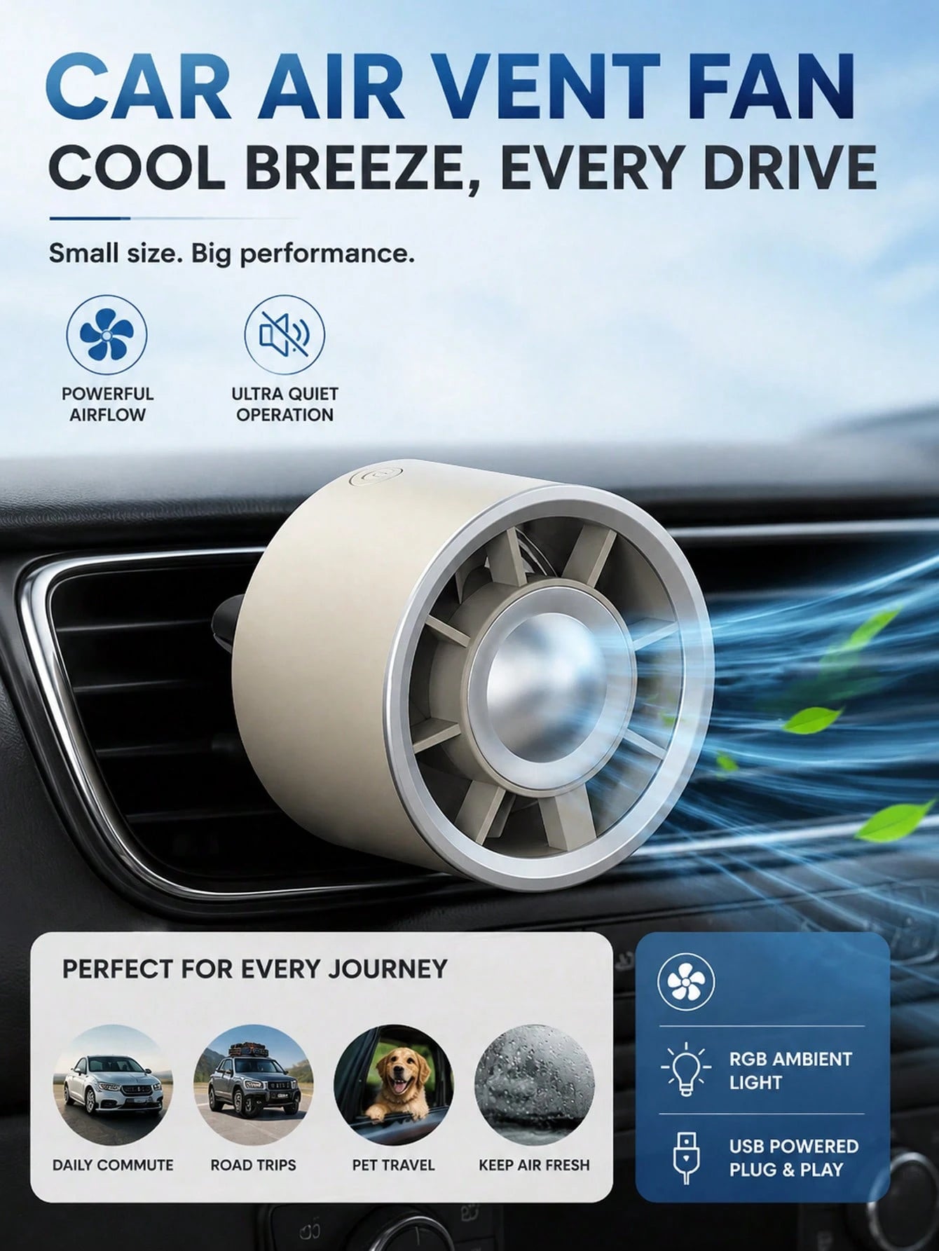 Car Air Outlet Cooling Fan Adjustment USB Power Car Fan Gradient Glow Turbo Fan Gradient Colorful Atmosphere Light Low Noise Multi-Function Mini Car Interior Fan Cooler