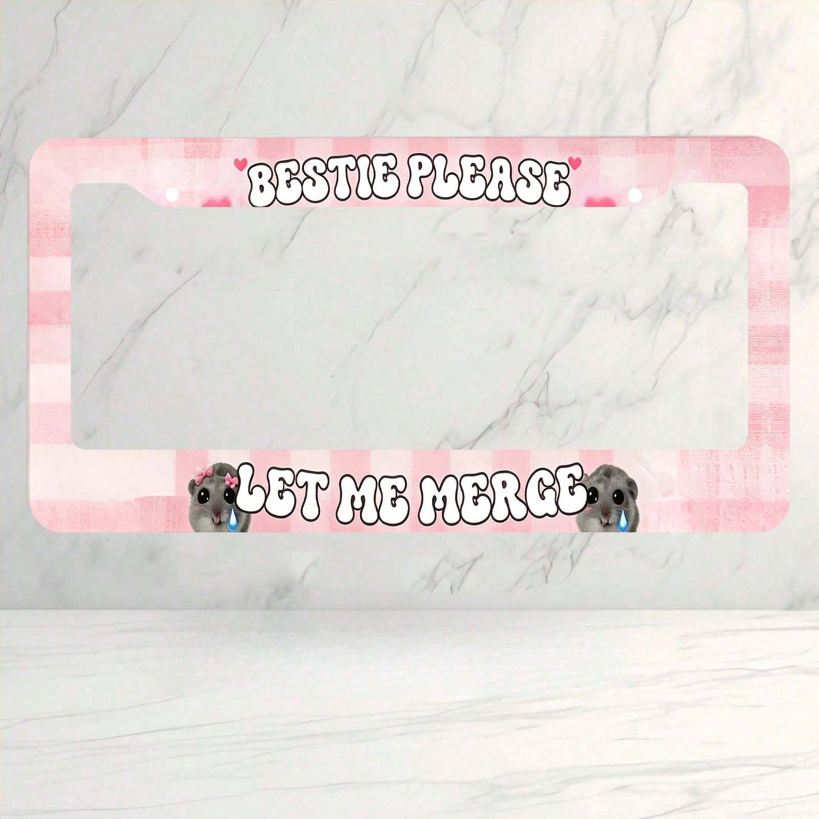 Car Aluminum License Plate Frame, Bestie Please Let Me Combine Interesting License Plate Frames, Sad Rodent Funny Pink License Plate Frame, Sad Pretty Girl, Cute Pink, High-Quality Material, Easy To I