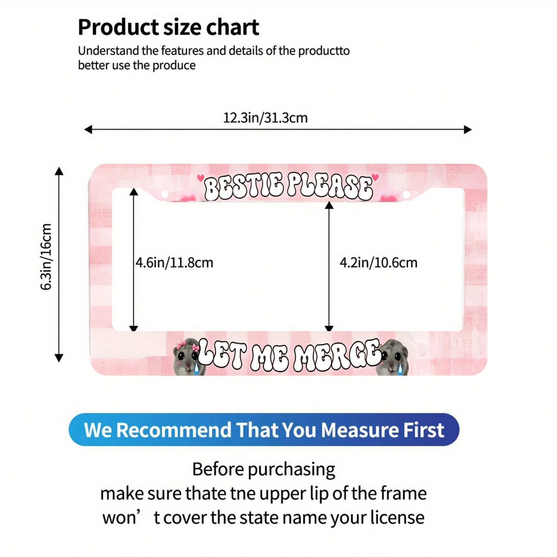 Car Aluminum License Plate Frame, Bestie Please Let Me Combine Interesting License Plate Frames, Sad Rodent Funny Pink License Plate Frame, Sad Pretty Girl, Cute Pink, High-Quality Material, Easy To I