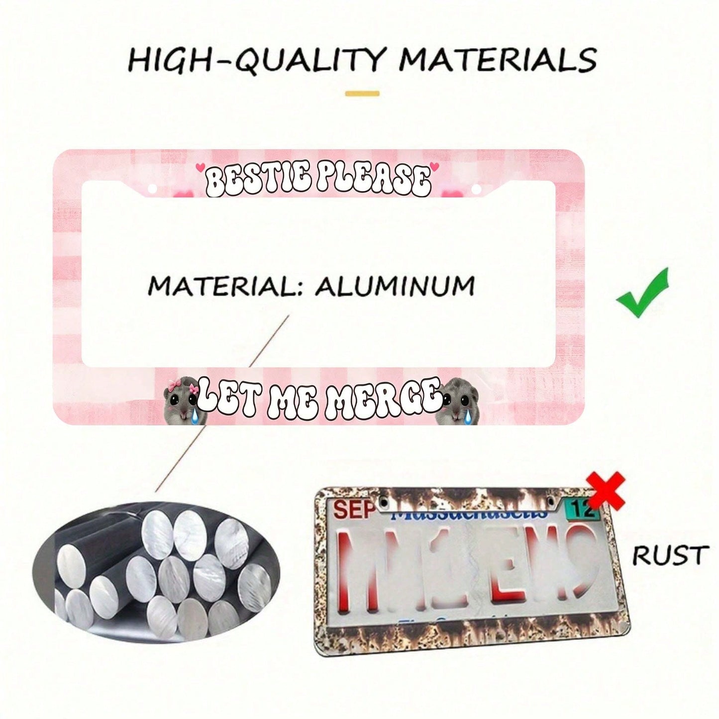 Car Aluminum License Plate Frame, Bestie Please Let Me Combine Interesting License Plate Frames, Sad Rodent Funny Pink License Plate Frame, Sad Pretty Girl, Cute Pink, High-Quality Material, Easy To I