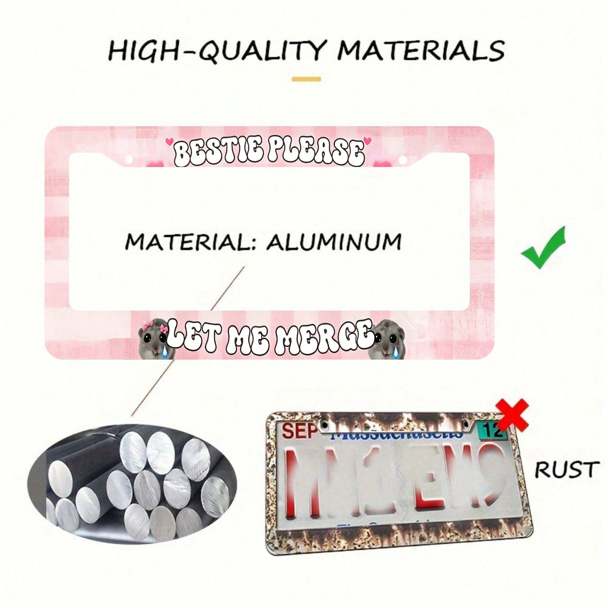 Car Aluminum License Plate Frame, Bestie Please Let Me Combine Interesting License Plate Frames, Sad Rodent Funny Pink License Plate Frame, Sad Pretty Girl, Cute Pink, High-Quality Material, Easy To I