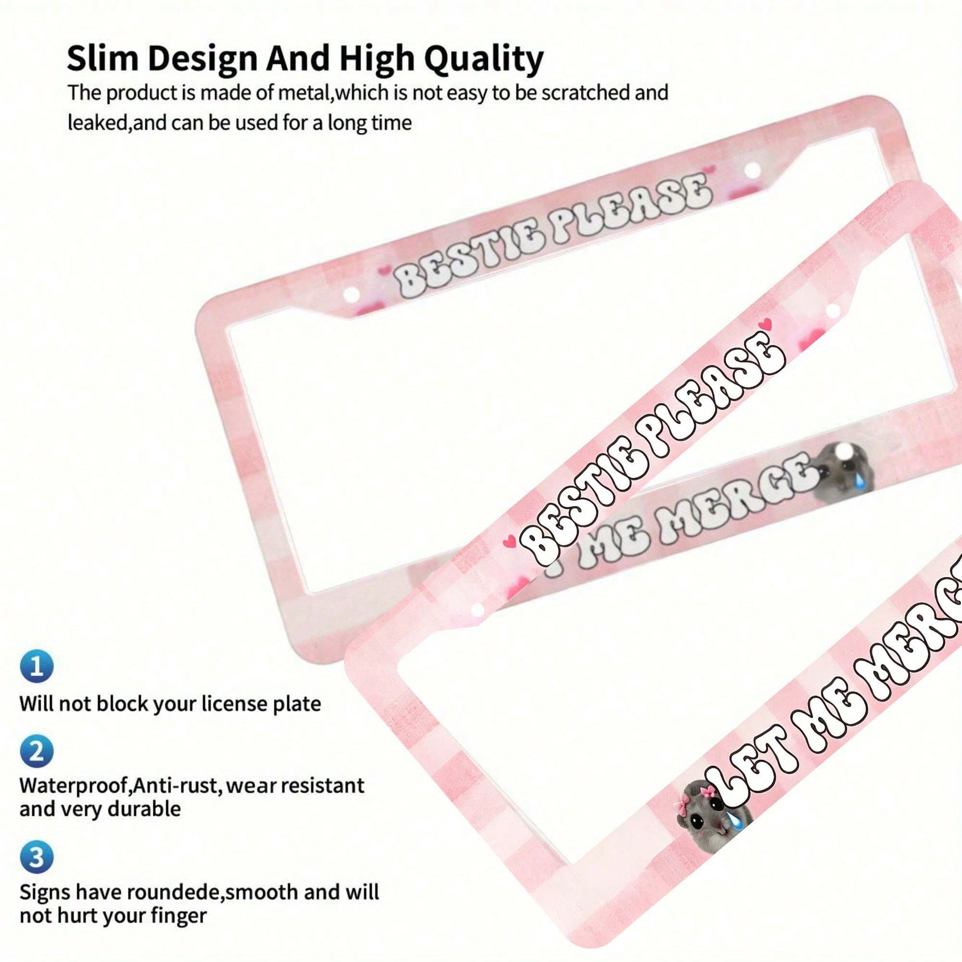 Car Aluminum License Plate Frame, Bestie Please Let Me Combine Interesting License Plate Frames, Sad Rodent Funny Pink License Plate Frame, Sad Pretty Girl, Cute Pink, High-Quality Material, Easy To I
