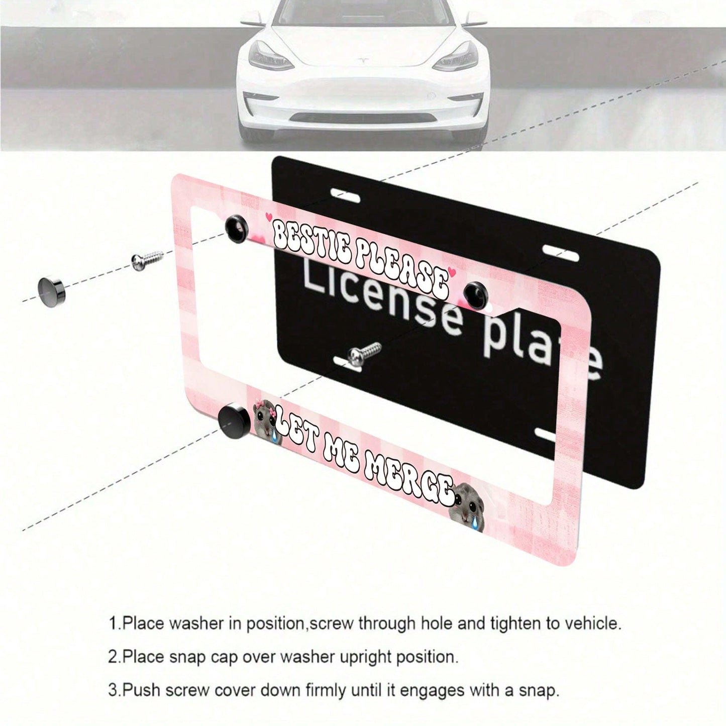 Car Aluminum License Plate Frame, Bestie Please Let Me Combine Interesting License Plate Frames, Sad Rodent Funny Pink License Plate Frame, Sad Pretty Girl, Cute Pink, High-Quality Material, Easy To I