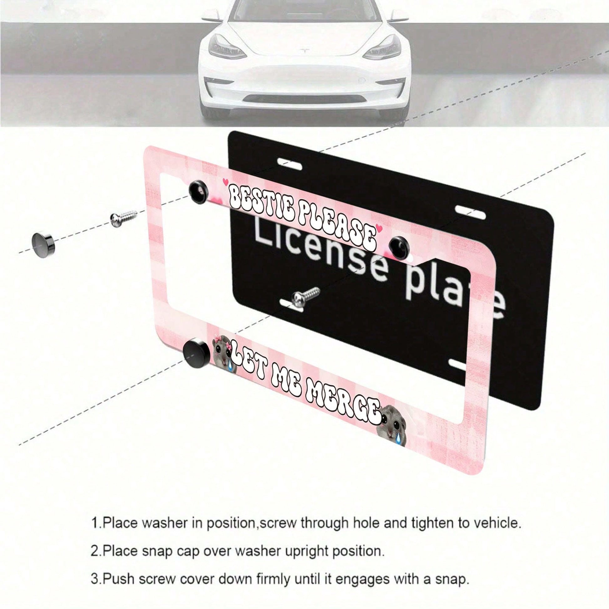 Car Aluminum License Plate Frame, Bestie Please Let Me Combine Interesting License Plate Frames, Sad Rodent Funny Pink License Plate Frame, Sad Pretty Girl, Cute Pink, High-Quality Material, Easy To I