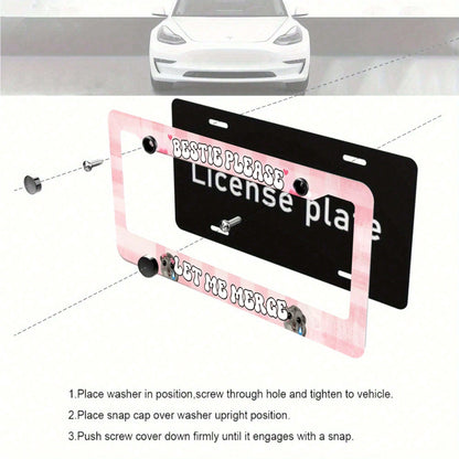 Car Aluminum License Plate Frame, Bestie Please Let Me Combine Interesting License Plate Frames, Sad Rodent Funny Pink License Plate Frame, Sad Pretty Girl, Cute Pink, High-Quality Material, Easy To I
