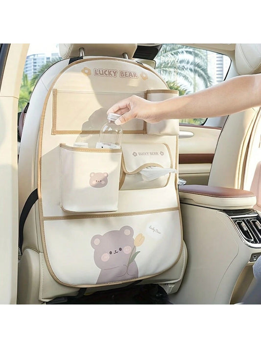 Car Back Seat Storage Bag, Car Seat Back Storage Bag, Anti-Kick Pad Seat Protector Bag, With Cute Cartoon Design, High Quality PU Leather, Car Travel Accessories, Suitable For Car, SUV, Family Travel