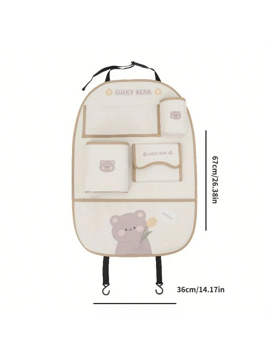 Car Back Seat Storage Bag, Car Seat Back Storage Bag, Anti-Kick Pad Seat Protector Bag, With Cute Cartoon Design, High Quality PU Leather, Car Travel Accessories, Suitable For Car, SUV, Family Travel