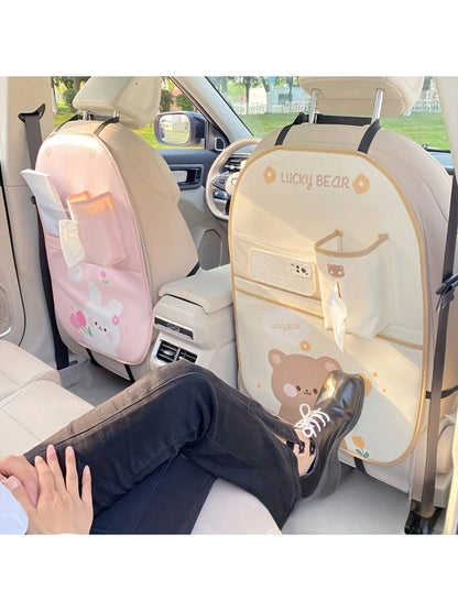 Car Back Seat Storage Bag, Car Seat Back Storage Bag, Anti-Kick Pad Seat Protector Bag, With Cute Cartoon Design, High Quality PU Leather, Car Travel Accessories, Suitable For Car, SUV, Family Travel
