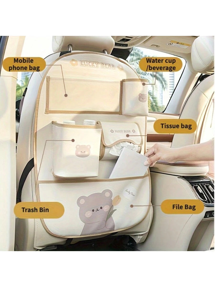Car Back Seat Storage Bag, Car Seat Back Storage Bag, Anti-Kick Pad Seat Protector Bag, With Cute Cartoon Design, High Quality PU Leather, Car Travel Accessories, Suitable For Car, SUV, Family Travel