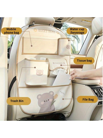 Car Back Seat Storage Bag, Car Seat Back Storage Bag, Anti-Kick Pad Seat Protector Bag, With Cute Cartoon Design, High Quality PU Leather, Car Travel Accessories, Suitable For Car, SUV, Family Travel