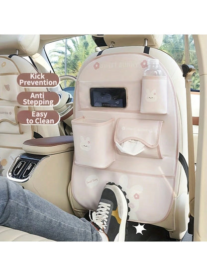 Car Back Seat Storage Bag, Car Seat Back Storage Bag, Anti-Kick Pad Seat Protector Bag, With Cute Cartoon Design, High Quality PU Leather, Car Travel Accessories, Suitable For Car, SUV, Family Travel