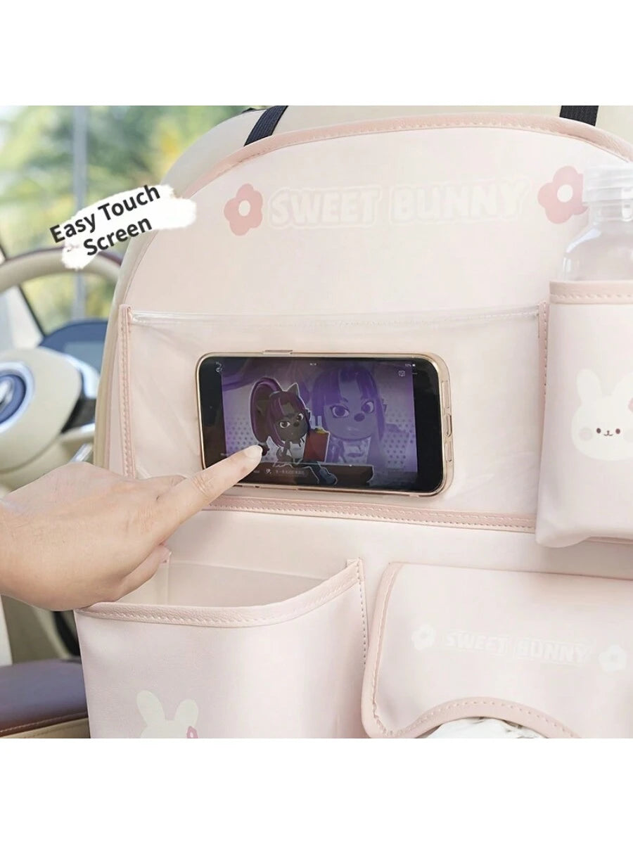 Car Back Seat Storage Bag, Car Seat Back Storage Bag, Anti-Kick Pad Seat Protector Bag, With Cute Cartoon Design, High Quality PU Leather, Car Travel Accessories, Suitable For Car, SUV, Family Travel
