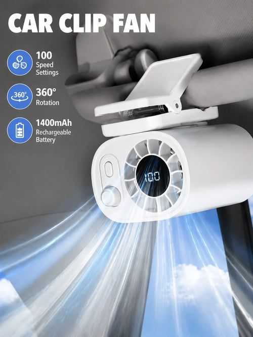 Car Clip-On Fan With LED Display, Rechargeable Back Seat Fan, 360° Rotating Car Cooling Fan, 100-Speed Adjustable Wind Speed Control, Portable USB Car Interior Fan, Summer Car Accessory (1200-1400mAh)