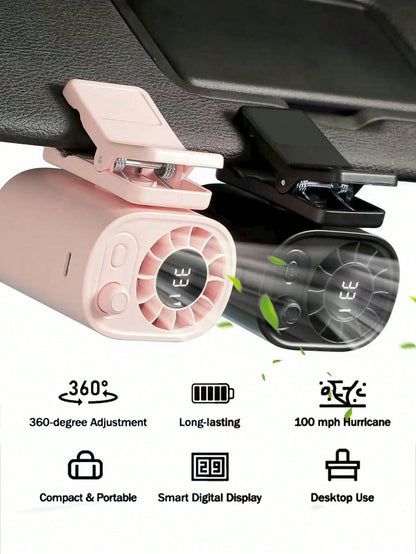 Car Clip-On Fan With LED Display, Rechargeable Back Seat Fan, 360° Rotating Car Cooling Fan, 100-Speed Adjustable Wind Speed Control, Portable USB Car Interior Fan, Summer Car Accessory (1200-1400mAh)