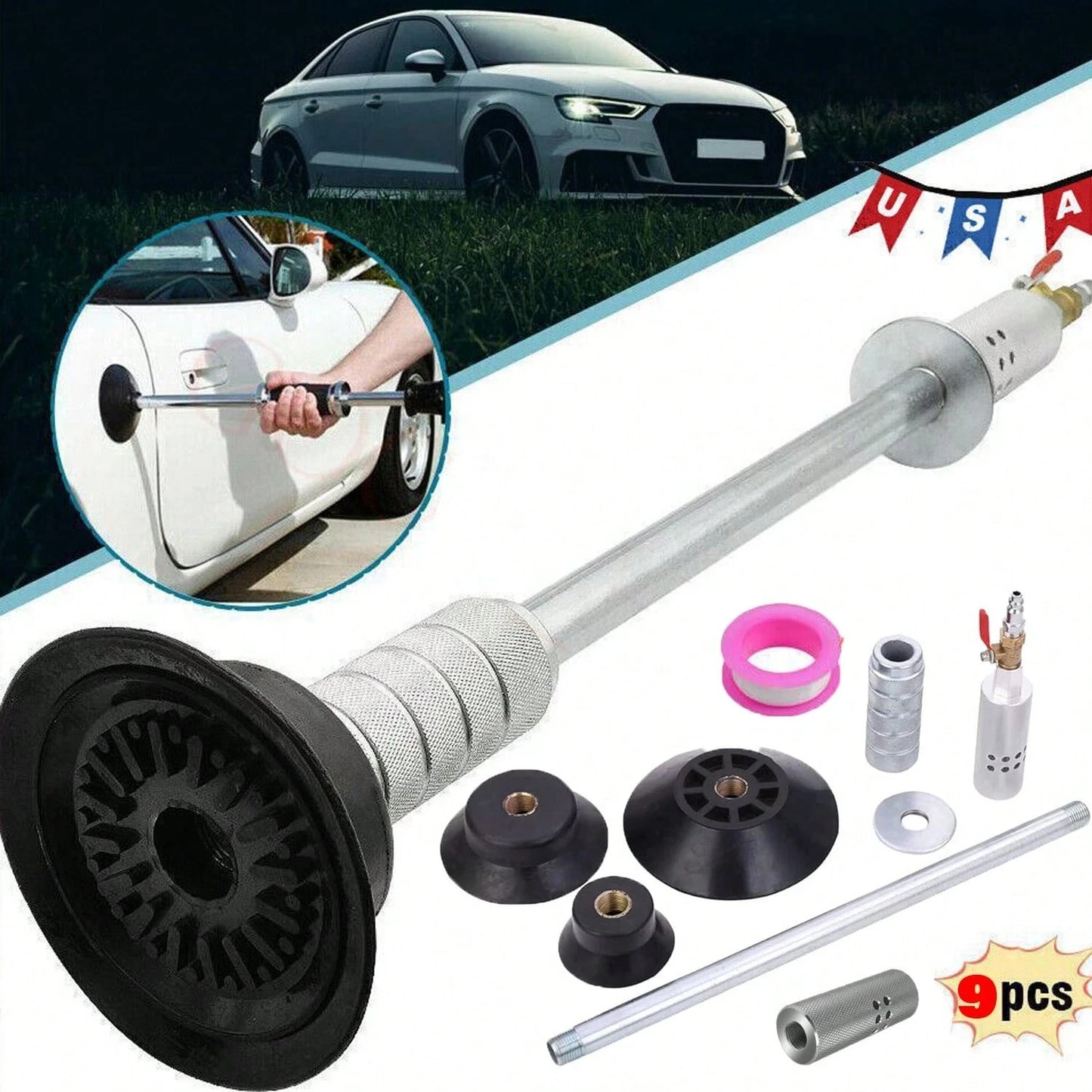 Car Dent Puller Tool, Slide Hammer Dent Puller With 3 Suction Cups, No Drilling Or Welding, Air Pneumatic Dent Removal Kit For Car Dent Door Dings Repair