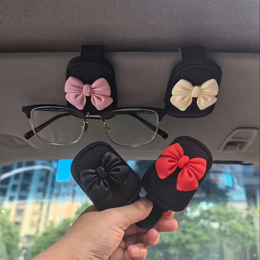 Car Glasses Clip Cute Bow-Shaped Non-Slip Car Organizer, Dual-Purpose For Glasses And Ticket Storage, Suitable For All Vehicles- Black/Pink/Beige/Red Car Accessory, Hanging Car Decor, Compact Design