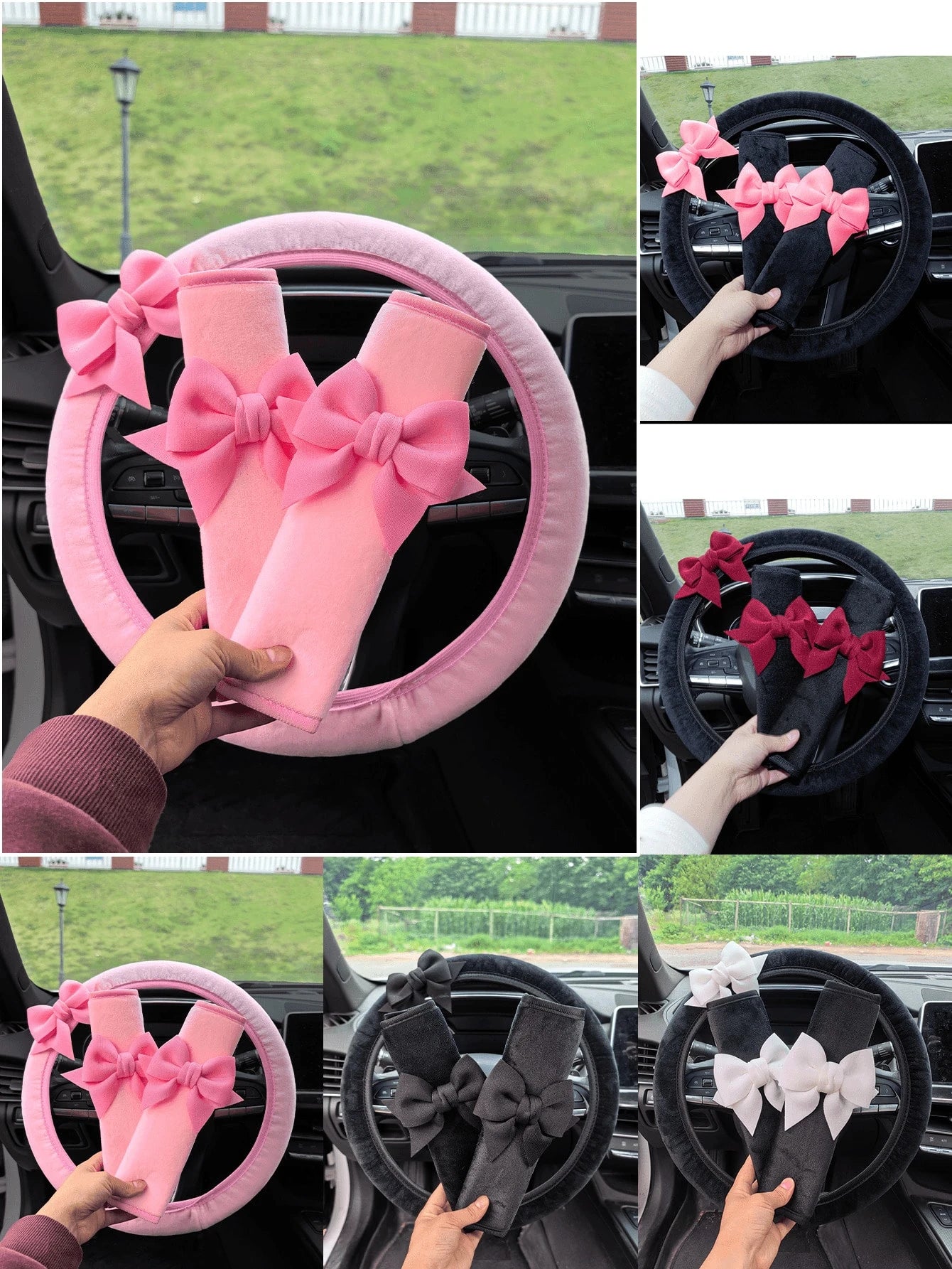 Car Interior Bowknot Steering Wheel Cover And Seat Belt Shoulder Protector Set, Car Anti-Wear Clothing Protective Cover, Suitable For All Seasons