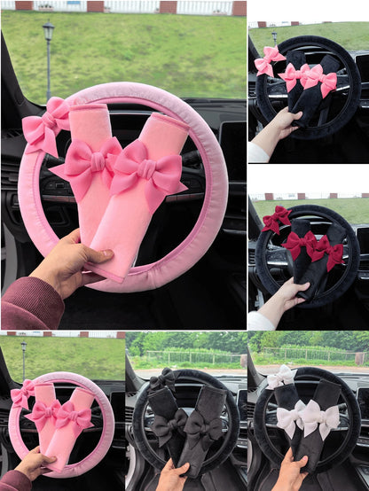 Car Interior Bowknot Steering Wheel Cover And Seat Belt Shoulder Protector Set, Car Anti-Wear Clothing Protective Cover, Suitable For All Seasons