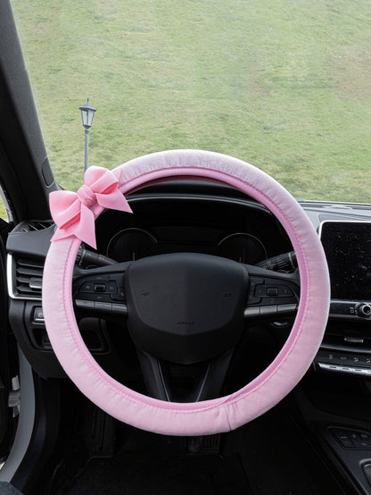 Car Interior Bowknot Steering Wheel Cover And Seat Belt Shoulder Protector Set, Car Anti-Wear Clothing Protective Cover, Suitable For All Seasons